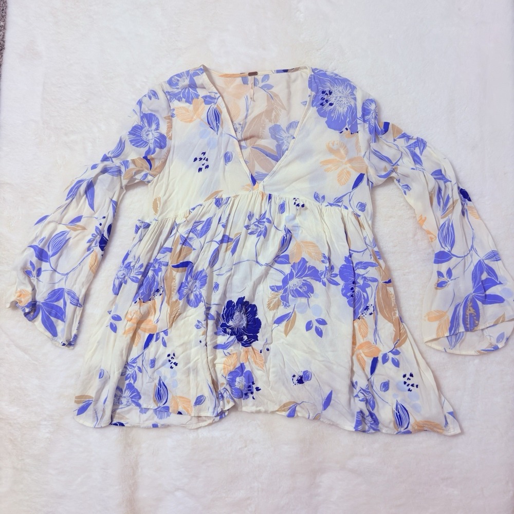 FREE PEOPLE Bella Tunic Top Ivory Blue Floral Print V-neck Babydoll Size XS - Picture 6 of 7